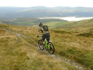 Brian starting the fast, loose and rocky Bwlch y Rhiwgyr descent.           
