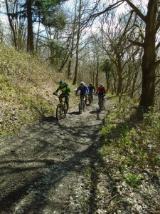 Charlie, Mark, Mick and Jim climbing through Crogen Wladys woods. 