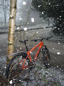 My Whyte 905 and some big snowflakes at the Trentabank reservoir car park.