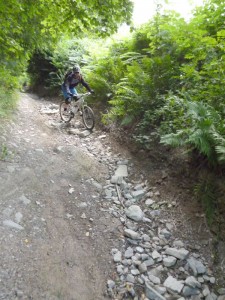 Pete on the rocky chute of the Plas onn descent.    
