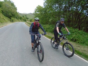 Nick and Dave riding to Tregeiriog in the Ceiriog Valley. 