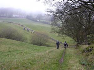 The steep grassy climb to Fron-heulog farm.