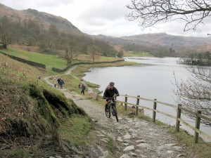 Paul climbing from Rydal Water. 