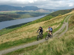 Steve and Sabine on the Great Hill double track above Coniston Water.  
