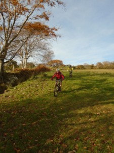 Stuart and Brian descending through the fields into Dyffryn Dysynni.