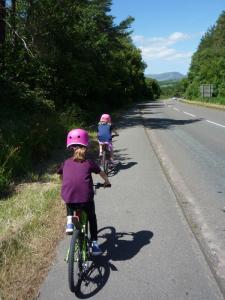 Elisabeth and Anna on the A470 cycle track after Trawsfynydd village.