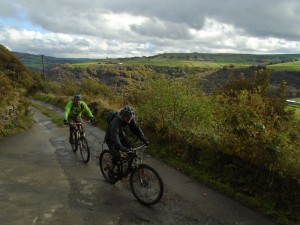 Rob and Dan on the Charlestown climb with a great view over Calderdale.